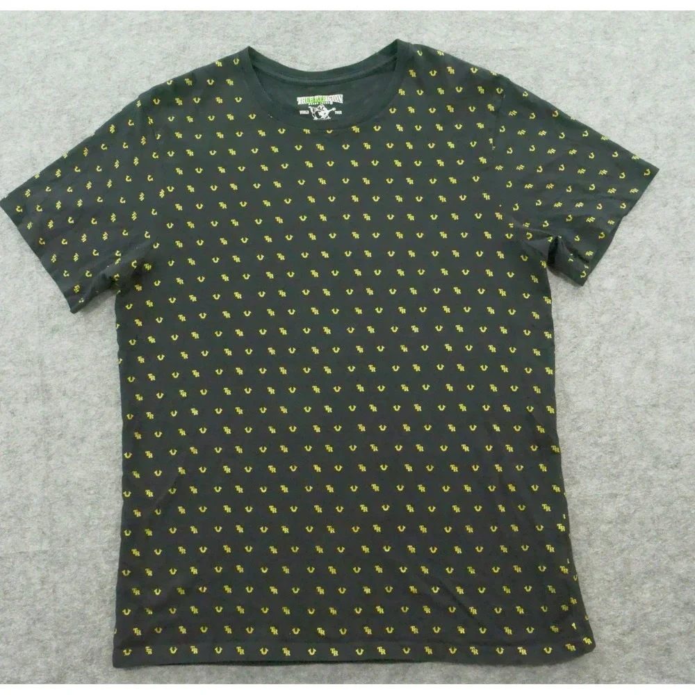 True Religion Shirt Mens Medium Black Crew Graphic Print Logo AOP Short Sleeve